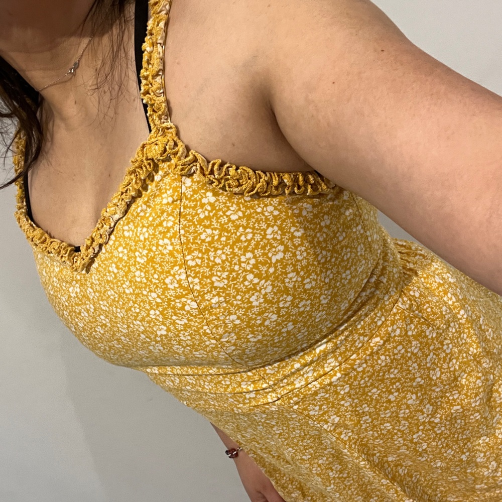 Mustard Yellow Floral Ruffle Baby Doll Mini Sun Dress Lolita Kawaii Skater Skirt